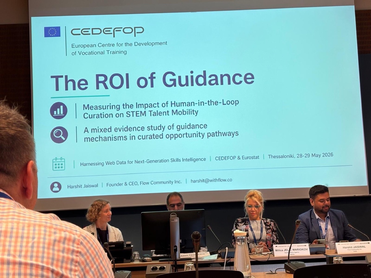 The ROI of Guidance title slide at the Cedefop–Eurostat conference, with Harshit on the panel