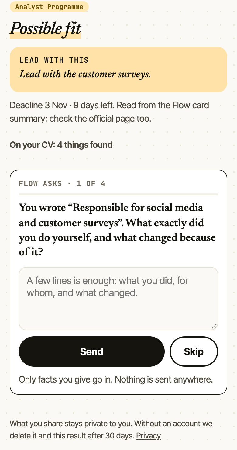 A Flow result: Possible fit, Lead with the customer surveys, then Flow asks one question